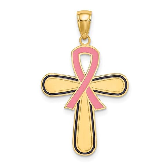 14k Yellow Gold Enamel Pink Ribbon Breast Cancer Cross,All Products : American Fashion Style Bags On Sale